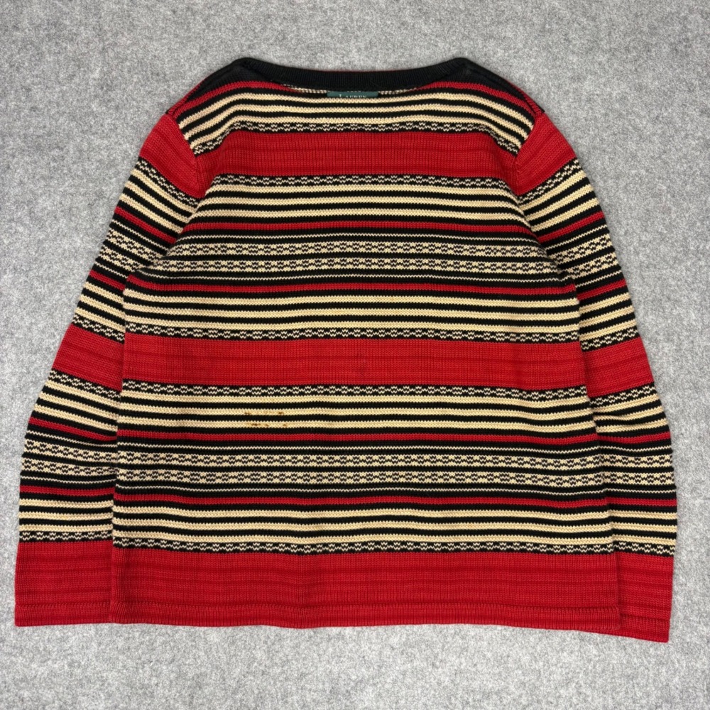 Lauren Ralph Lauren Petite Red Black Striped Cotton Knit Boat Neck Sweater‎ PM